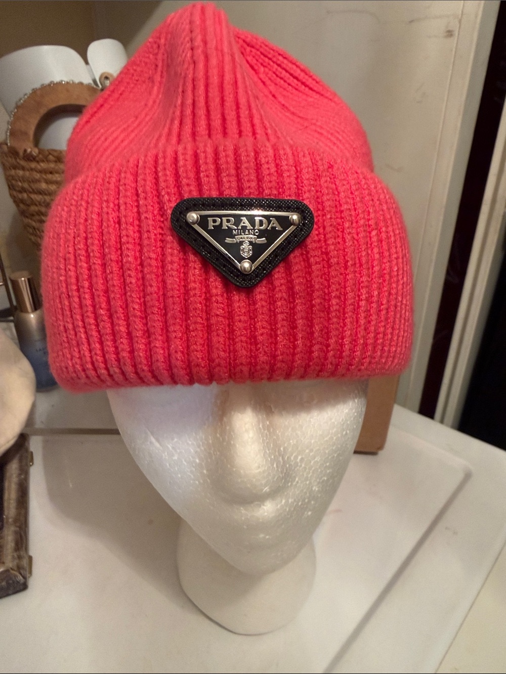 Stylish  Bright Pink Ribbed Knit Beanie with Logo Plaque